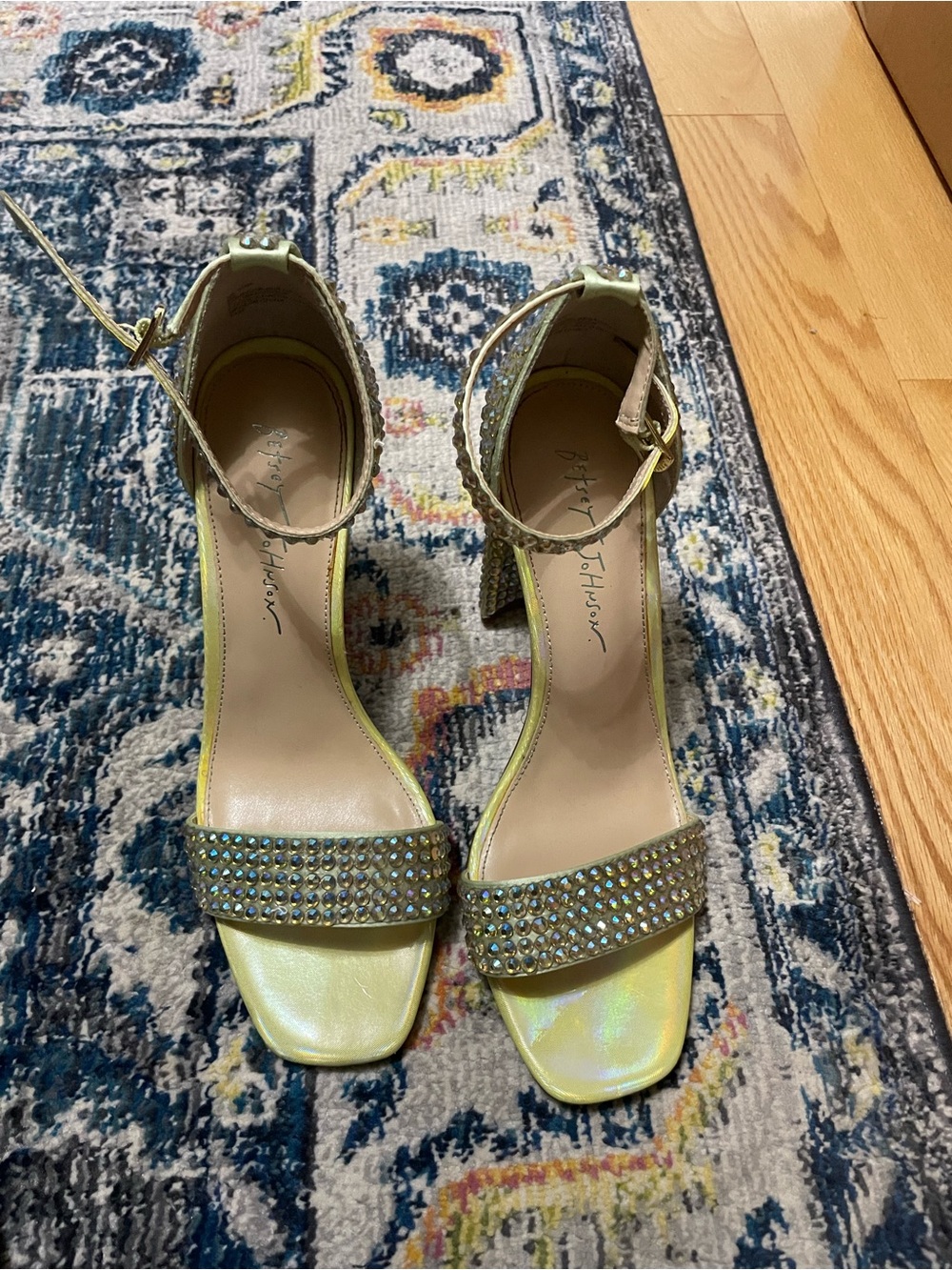 Betsey Johnson Yellow Iridescent Crystal Ankle-Strap Block Heels